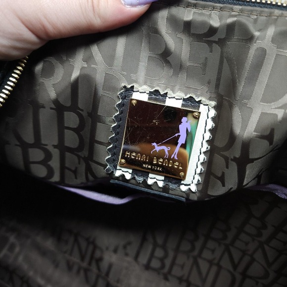 Henri Bendel Laptop Bag Disturbed Stripe Brown Black Canvas Leather Briefcase - Picture 12 of 16